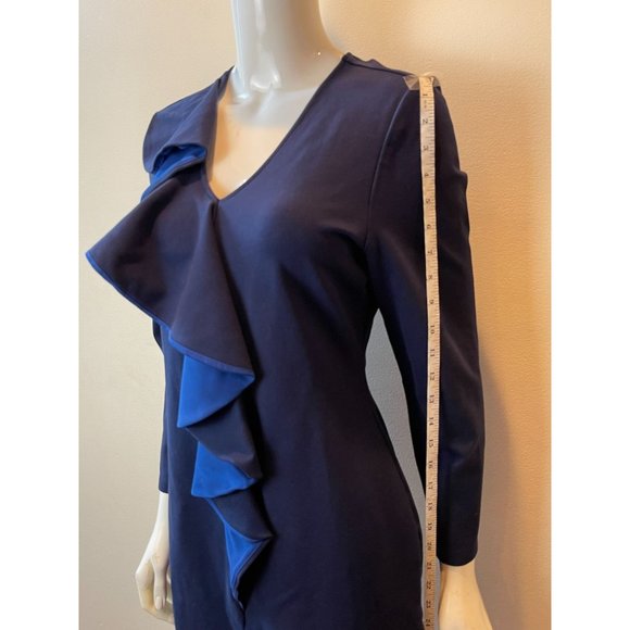 SABIE Women's Sheath Midi Dress Draped Ruffle V Neck Long Sleeve Blue Size Large - Picture 4 of 9